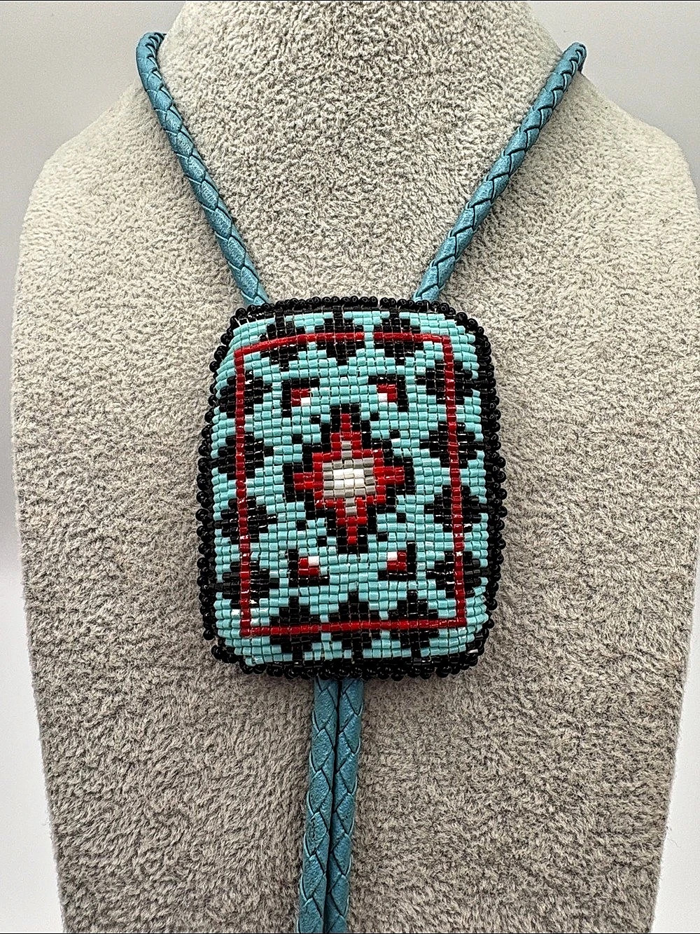 Native American Turquoise and Red Beaded Bolo Tie 34”